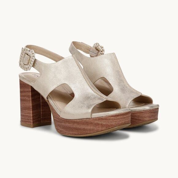 Life Stride Shoes - LIFESTRIDE Women's Audra Block Heel Platform Sandals In Gold Faux Leather Sz 9.5